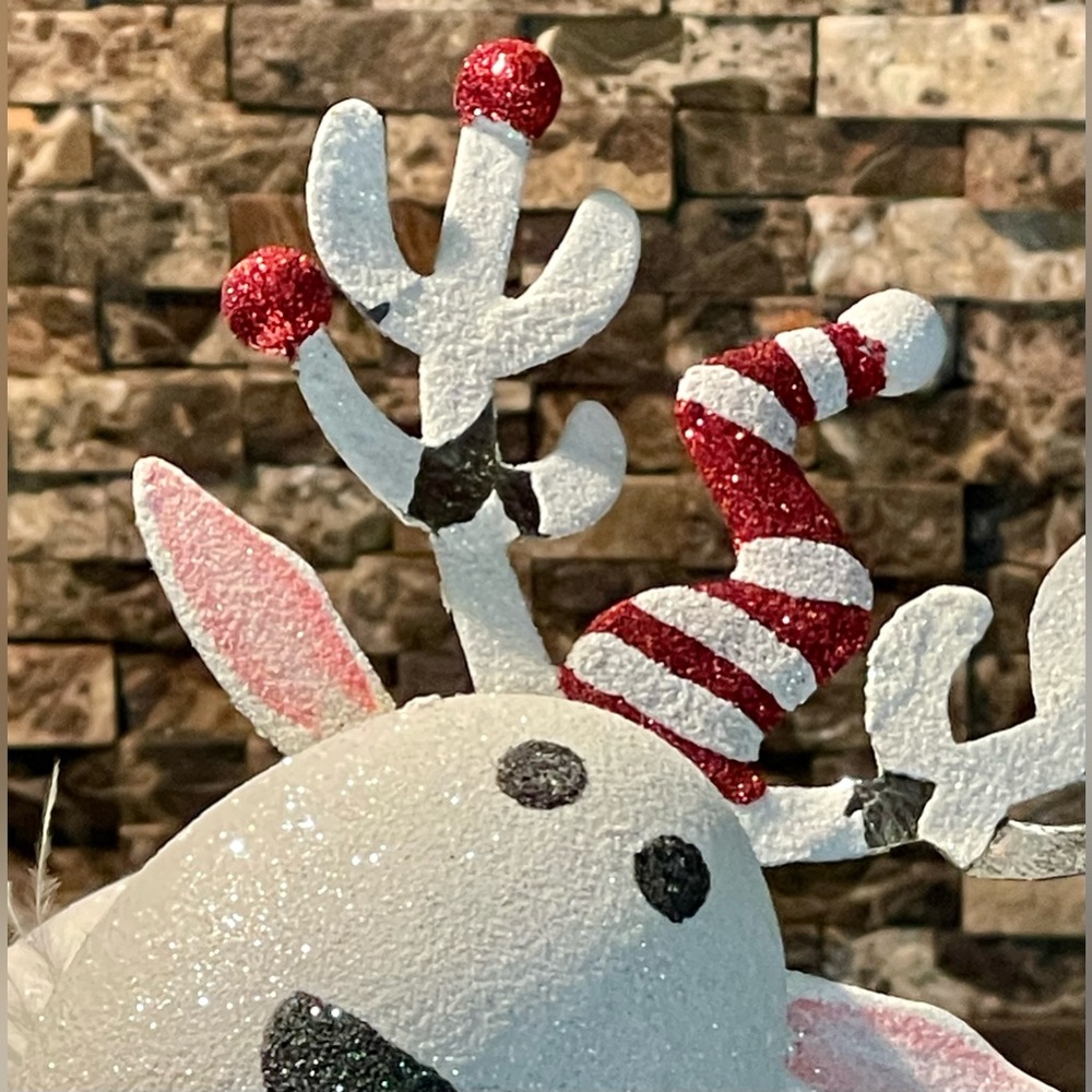 Pier 1 White Glitter Reindeer with Santa Hat & Boots Green Scarf Christmas decor - Picture 10 of 11